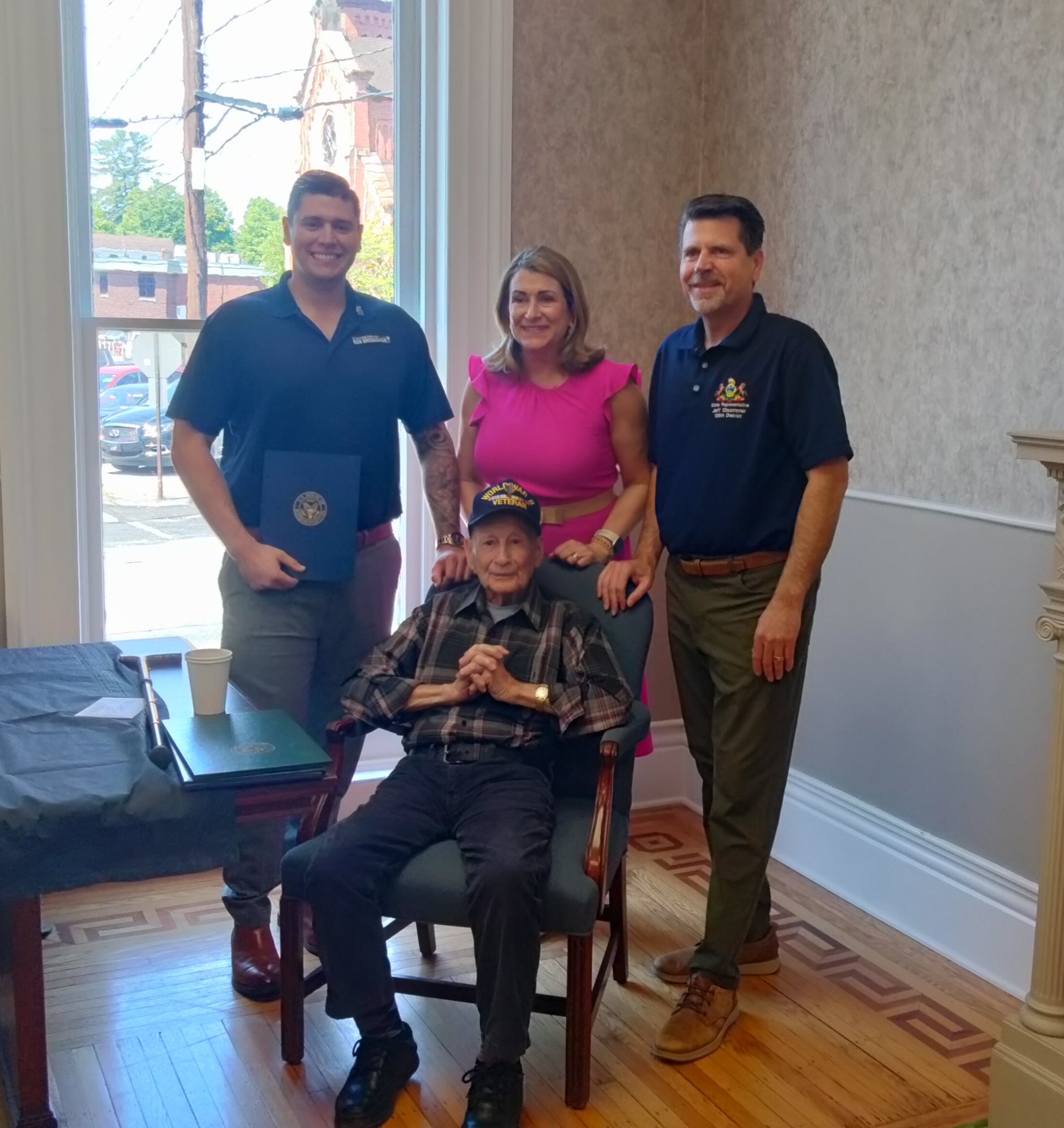 Sen. Brown stands with Charles Taibi from Congressman Bresnahan’s Office, Rep. Jeff Olsommer as they honor WWII Veteran Michael Messina with a Senate Citation.