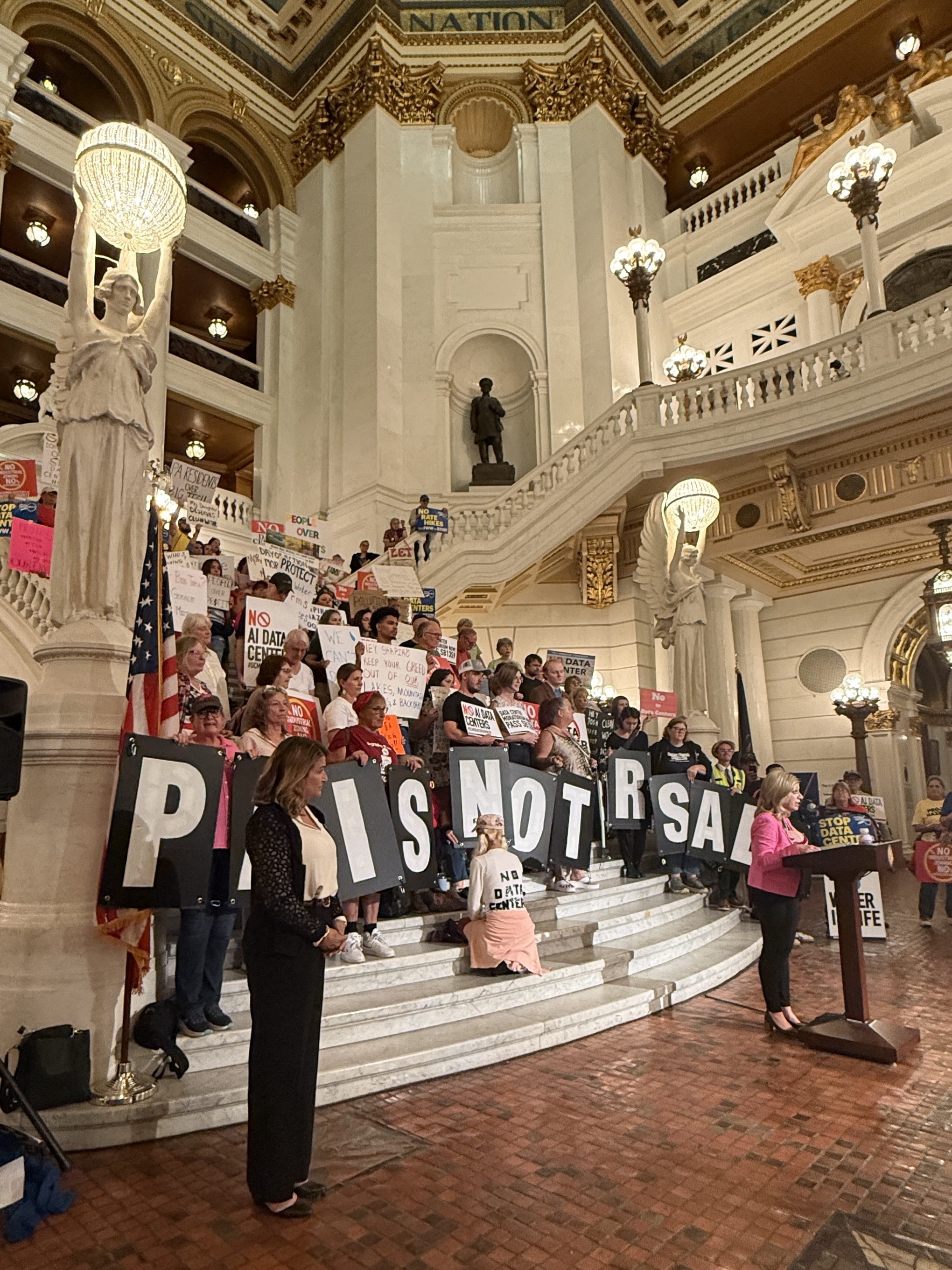 Sen. Rosemary Brown stands to the side, listening to constituents speak regarding data center development. Community members line the rotunda steps with signs, posters, and more as Senator Brown looks on.
