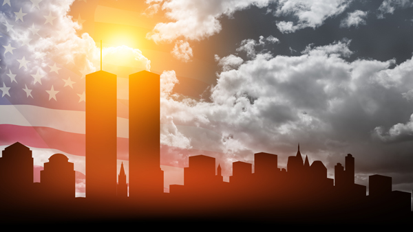 New York skyline silhouette with Twin Towers and USA flag at sunset. 09.11.2001 American Patriot Day banner.