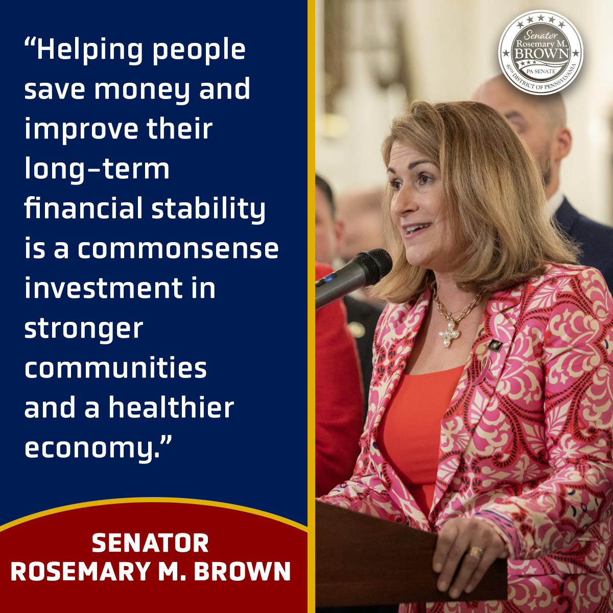 Quote graphic with Sen. Brown on the right and "Helping people save money and improve their long-term financial stability is a commonsense investment in stronger communities and a healthier economy."