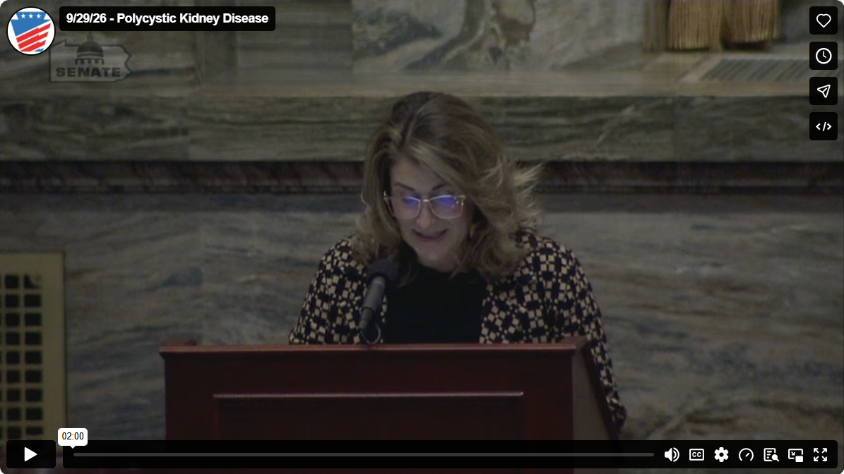 Screenshot of vimeo video of Sen. Brown's remarks on Polycystic Kidney Disease (PKD) Month in Pennsylvania