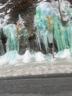 Jeanine of East Stroudsburg, with some interestingly colored snow and ice on Seven Bridges Road in Marshalls Creek!